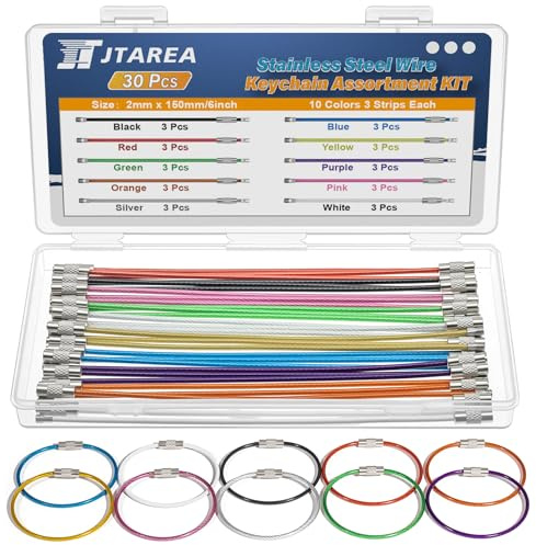 JTAREA 10 färger 15 cm rostfritt stål trådar nyckelringar kit, 2 mm metall trådringar nyckelring kabel nyckelring för att hänga bagagelapp nyckelring ID-taggar (paket med 30 st)