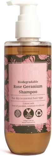 Rose Geranium Shampoo with Niacinamide & Vitamin E – 210g | For Dry to Normal Hair | Sulphate & Paraben Free | Biodegradable & Organic