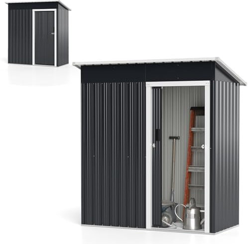 HOMASIS Casetta da Giardino in Metallo, 1,8m³ Capanno con Tetto a Falda e Porta Scorrevole, Porta Attrezzi con Serratura e Guanti, Ripostiglio da Esterno Resistente, Grigio (163 x 86 x 181 cm)
