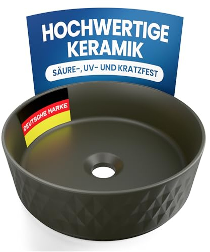 rtmr Aufsatzwaschbecken, Waschbecken rund 36 cm – Keramik Waschschale schwarz matt – Modernes Design Waschtisch Schüssel für Bad & Gäste-WC – Waschbecken rund ohne Überlauf