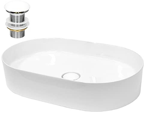LuxeBath Waschbecken Keramik 605x380x145 mm, oval, Weiß mit Ablaufgarnitur Weiß, Aufsatzwaschbecken für Badezimmer/Gäste-WC, Modernes Aufsatzbecken, Waschtisch Waschschale Waschplatz Handwaschbecken