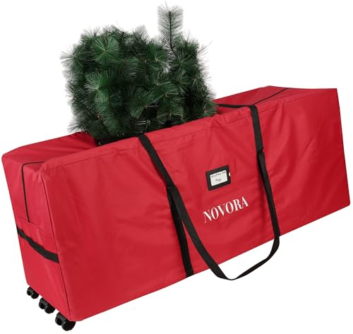 NOVORA Rolling Christmas Tree Storage Bag with 3 Wheels – Fits Up to 7.5ft Tall Artificial Trees – Waterproof, Durable Handles & Zipper – Large Xmas Tree Storage Bag (Red 7.5ft)