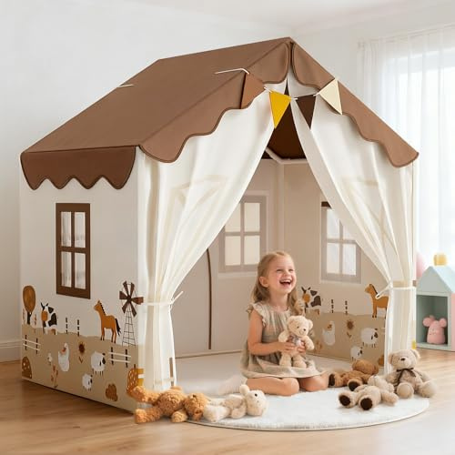 EagleStone Kids Play Tent with Padded Mat & Garlands, Indoor Playhouse & Bed Tent, Cozy Reading Nook for Kids, Easy to Assemble, for Boys & Girls Age 3+, Beige