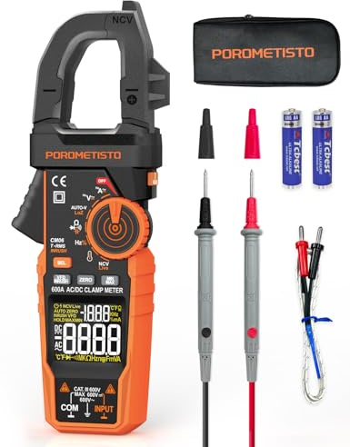 POROMETISTO Pince Ampèremétrique Professionnel 6000 Comptages TRMS 600V CC/CA avec LOZ en VFD, 600A Voltmètre Ampèremètre Professionnel CM06, Mesure AC/DC, Courant d'Appel, NCV, Température, Capacité