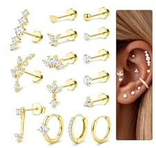 FIOROYAL 15Pcs Helix Piercings Chirurgenstahl Ohrringe Damen Hypoallergene Flatback Ohrstecker Creolen Set Klein 18K Vergoldet/Versilbert Piercing Ohr Set Conch Rook Tragus Piercing Schmuck