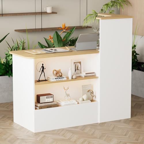 Caldion Rezeptionstheke mit LED-3 Farben Empfangstisch mit abschließbarer Schublade Rezeptionstheke Rezeptionstresen für Büro Restaurant Cafe Geschäft Weiß 120x50x110cm