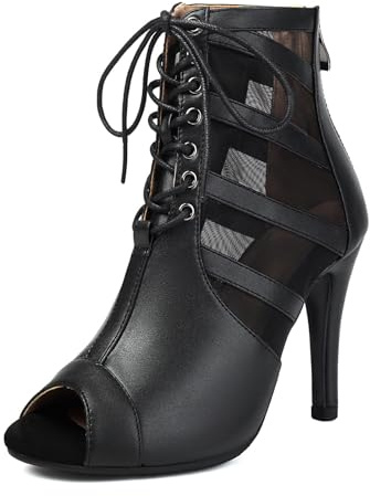 Kvinnor Stiletto Stövlar Ankel Metall Snörning Peep Toe Grill Design Stängning Dragkedja Tillbaka För Nätter Datum, Svart noir noir, 42 EU