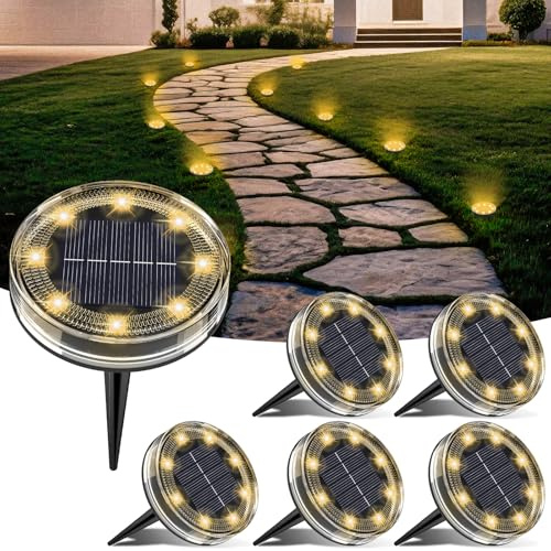 LOTMOS Solar Lights Outdoor Garden, 6 Pack 8 LED Solar Ground Disk Light, IP65 Waterproof Garden Lights for Pathway Lawn Yard Patio Landscape Walkway (Warm White)