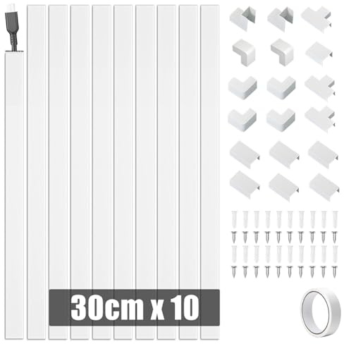 3m Cable Trunking White - 15x10mm Self-adhesive Trunking for Electric Cables TV Cable Hider Wire Conduit Trunking with Connections, Cable Tidy Cable Raceway Management, 30cm 10Pack