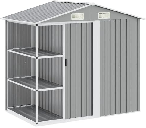 WGYHOME Casetta da giardino con scaffale, grigio, 205 x 130 x 183 cm, stabile casetta in ferro con porta scorrevole, prese d'aria e superficie del pavimento, 190 x 120 cm, per attrezzi, mobili da