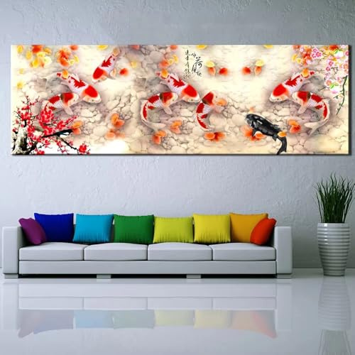Cuadro en lienzo de estilo chino con flores de cerezo y peces koi Impresión artística para pared, póster decorativo para sala de estar (30x90cm/marco interno)