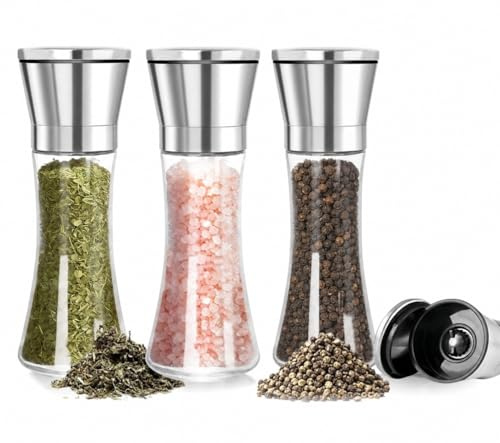 3Pcs Salt Pepper Grinder Set, Glass Adjustable Refillable Tall Shakers | Glass Stainless Steel, Coarseness Peppercorn Coarse Fine Grinding Kitchen Essentials Spices Free