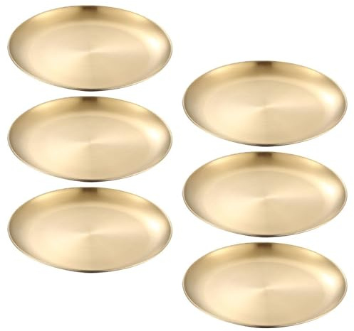 CAXUSD Assiette de Présentation Doré et Lave-vaisselle en Acier Inoxydable Plaques D'or Élantes Plat de Grignotage Rond 6 Pièces Bord Lisse pour Camping et Fêtes
