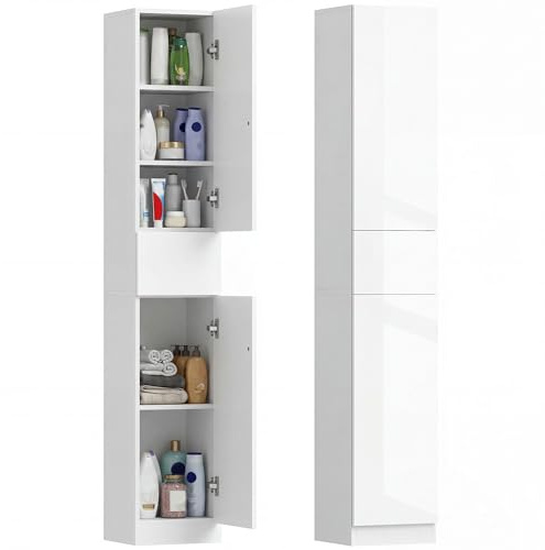 kleankin Tall Bathroom Cabinet with Adjustable Shelves, High Gloss Storage Cupboard, Freestanding Tallboy with Storage Drawer, White