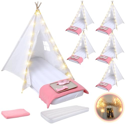 Windyun 6 Pack Kids Teepee Tent for Slumber Party Sleepover Tents for Girls Party with Air Mattress, Star Lights, Blankets Trays Sheets, Natural Cotton Toddler Play Teepee for Indoor Outdoor(White)
