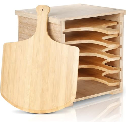 Nuogo 7 Pcs Wood Pizza Peel Rack Bamboo Boards Set Includes 6 Pcs 12 Inch Pizza Paddle Rack Stand for Making Baking Serving Bread Pie Fruit Kitchen Oven Accessories