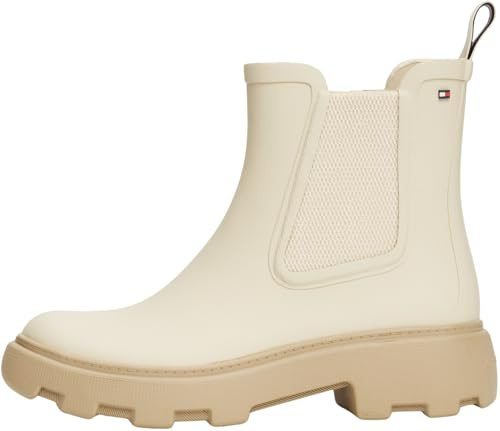 Tommy Hilfiger Botas de lluvia Mujer Rubber Rainboot con tacón de plataforma, Marfil (Newsprint), 38