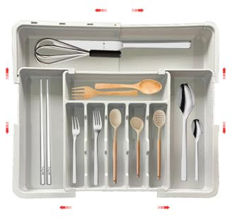 hssopa 2025 Cubertero,Cocina,Organizador Cajones,Ouberteros Para Cajon Cocina,OrganizadorCocina,Organizador Escritorio,OrganizadorCubiertos,Cubertero Ajustable Hasta 56CM(Gris Sin portacuchillos)