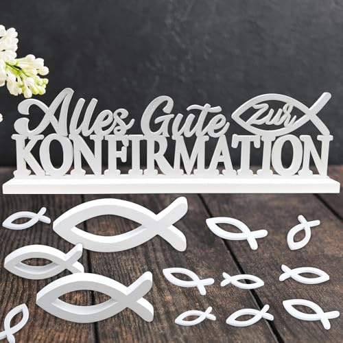 Tischdeko Konfirmation, 1 Stk Schriftzug Alles Gute zur Konfirmation + 3 große Holzfische + 48 Stk Streudeko Fische Holz für Konfirmation Deko Junge Mädchen(Weiß)