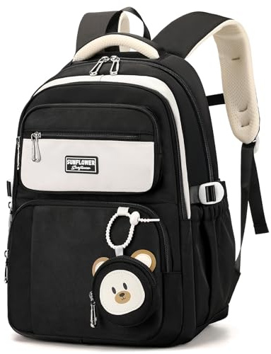Amythe Schulrucksack Teenager Rucksack Mädchen, Schulranzen für 3.-5. Klasse, 40L Großer Kinderrucksack mit Niedlicher Münzgeldbeutel für 9-18 Jahre, Lässiger Daypack mit Trolleyband -Schwarz