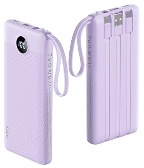 VRURC Portable Charger Power Bank, 10000mAh Travel Essentials Battery Pack, 5 Outputs 2 Inputs Slim Charging Bank Built-in Cables Cords for iPhone 17 16 15 14 13,Samsung,Android-Lavender(1 Pack)