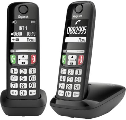 Gigaset E275 Duo - 2 Teléfonos DECT Inalámbrico - Teclado Fácil de Usar - Compatible con audífonos - Teclado y Botones Grandes - Pantalla Gráfica en Blanco y Negro Iluminada, Negro [Versión Española]