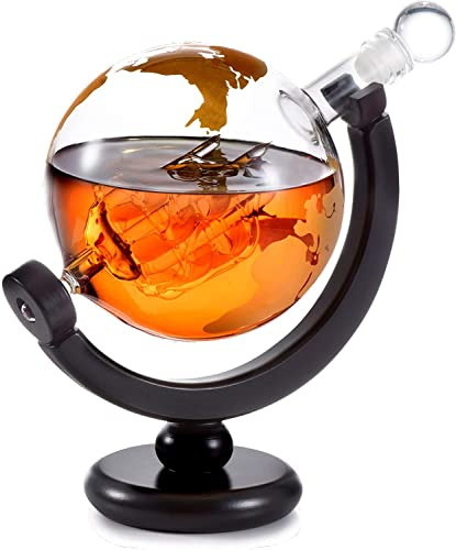 MEETOZ Whiskey & Wine Decanter Globe World Set- Gold Whiskey Dispenser Airtight Stopper for Wine, Bourbon, Brandy, Juice, Water - Decanter Sets for Men Christmas Gifts - 850ml
