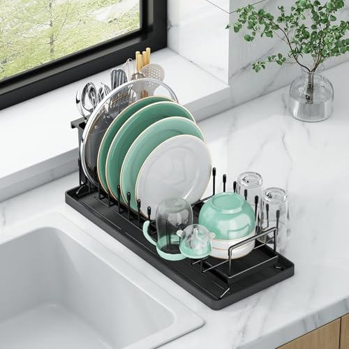 Aufworld Égouttoir à Vaisselle Compact avec Tapis de Séchage Silicone - Rack de Séchage Acier Inoxydable, Range-Ustensiles et Gain de Place pour Cuisine, Camping-Car et Studio (Plan de Travail)