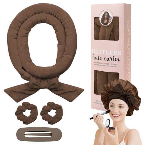 Juego de Rizadores de Satén Sin Calor Rizador de Pelo Sin Calor con Gorro Heatless Curls para Ondas Naturales Ideal Cabello Largo Medio (Marrón)