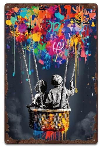 SUPERDANT Banksy Street Graffiti Tin Signs Hot Air Balloon Metal Sign Poster Vintage Wall Art Plaque Home Wall Decor for Living Room Bedroom Man Cave Garage Bathroom Bar Decoration