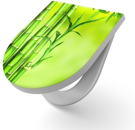 DEQORI Toilettensitz mit Motiv Grüne Bambushalme | WC Sitz in Weiß aus Duroplast | Format 36,4x45,4 cm – antibakterielle Klobrille für D-Form WC mit Deckel – pflegeleicht & dekorativ