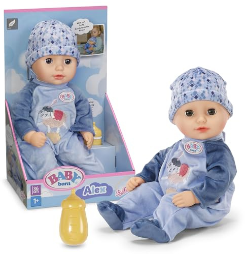 BABY born Alex with blue romper, soft 36cm tall baby doll with fabric body and sleeping eyes incl. Bottle