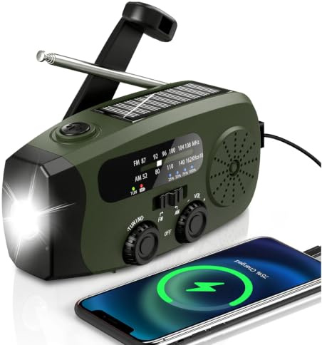 Wind Up Solar Radio, Emergency Portable Hand Crank Radio, AM/FM Radio with LED Torch, 7400mWh/2000mAh Rechargeable Power Bank, SOS Alarm, USB Phone Charger, Emergency for Camping Hiking (Army Green)