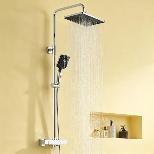Auralum Duscharmatur Regendusche Komplettset mit Messing Thermostat-Armatur, Edelstahl Duschsystem mit 3-Strahl-Handbrause, höhenverstellbarer Duschstange und großer Überkopfbrause – verchromt
