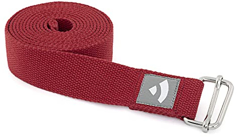 Bodhi Cinturón de yoga Asana de 100 % algodón, práctico accesorio de yoga para estiramiento, correa de yoga con hebilla deslizante de metal, para principiantes y avanzados, 250 x 3,8 cm, color burdeos