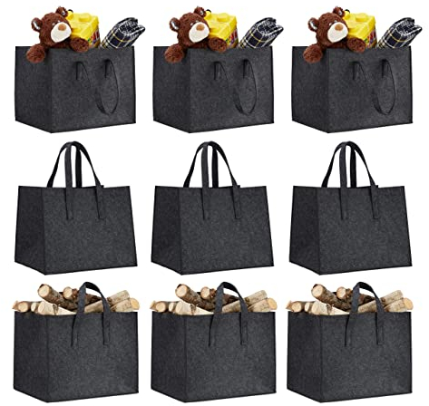 9X Kaminholzkorb aus Filz, 2 Griffe, zum Tragen, faltbar, belastbar, flexibel, Filzkorb, HBT: 35 x 43 x 37 cm, anthrazit