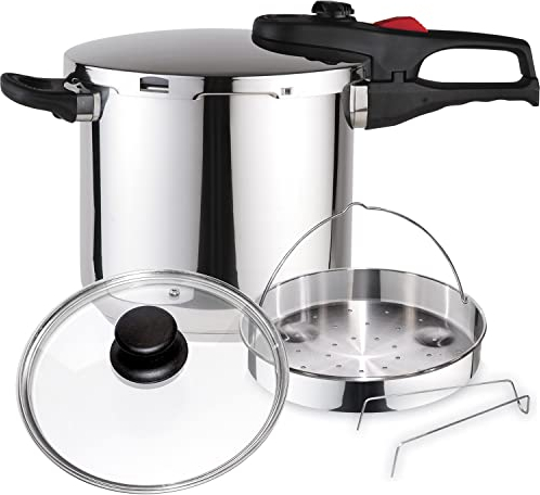 Magefesa Practika Plus - Pack Exclusivo Olla Express Rápida 7.5L + Cestillo + Tapa de Cristal, Acero Inoxidable 18/10, Sensor de Presión, Inducción