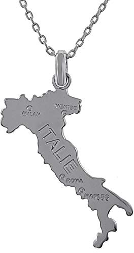 Lot pendentif Carte d'Italie en Argent 925 rhodié + Chaîne 45cm en Argent 925 rhodié - Mixte - collier italie botte en argent rhodié - cadeau homme femme enfant anniversaire noel