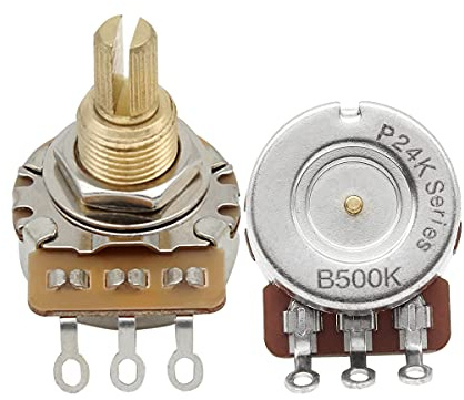 FLEOR Long Brass Shaft Control Pots B500K Linear Taper Potentiometer 24 Spline Split Shaft D3/8 für E-Gitarren Control Volume Tone, 2er Pack