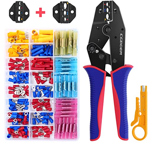CGBOOM Crimpzange Kabelschuhe Set, Crimpzangen Aderendhülsenset mit 200 Stück Kabelschuhen und 100 Stück Stoßverbinder, Crimpzange mit 1 Ersatzteil für 0,5-6mm² Kabelschuhe