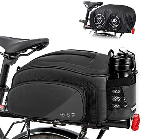 Eyein Bike Rear Rack Bag, 12L Waterproof Reflective Bicycle Trunk Bag, Cycling Rear Seat Carrier Backseat Storage Luggage with Water Bottle Holder, Shoulder Strap for MTB E-Bike