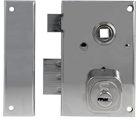 Amig - Aufschraubschloss DIN links mit Schließhebel, Falle und Vierkant für Holztüren Mod. 75N - 72 x 112 mm - runder Sicherheitszylinder - Stahl silberfarben