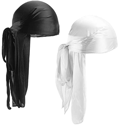 2Pcs Durag de Seda, Gorro Bandanas Piratas, Pañuelos de Cabeza Turbante Con Cola Extra Larga y Correas Anchas Para Hombres y Mujeres Decoración Diaria de Hip-Hop (Negro+Blanco)