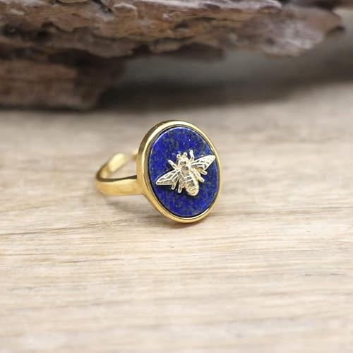 Naturlig sten bin ring ovala ädelstenar labradorit rosenkvarts lapis justerbar storlek ring kvinnor sommarsmycken, lapis lazuli bi, justerbar storlek