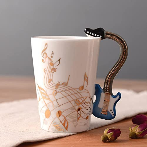 SuperglockT Porzellan Kaffeetasse Teetasse Gold Notenschlüssel bedrukt Kakaobecher Geschenkidee Kaffeebecher Instrument Griff Keramiktasse 250ml (Blau- Gitarre)