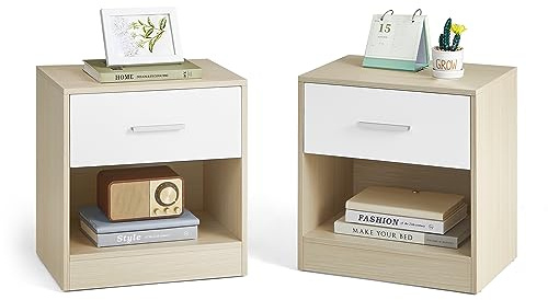 VASAGLE Table de Nuit, Lot de 2, avec Tiroir, Poignée, Compartiment Ouvert, Table d’Appoint, pour Chambre, Salon, Beige Naturel et Blanc Classique LET819T67
