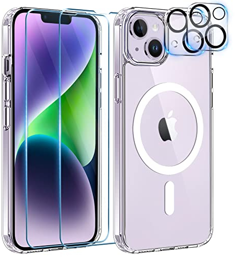 YisrLery 5-in-1 für 14 Hülle für Mag Safe mit 2 Stück Panzerfolie und 2 Stück Kameraschutz Militärnorm Schutz, PC Kratzresistente Rückseite Stoßfest TPU Bumper Magnetische Hülle 6.1'' - Klar