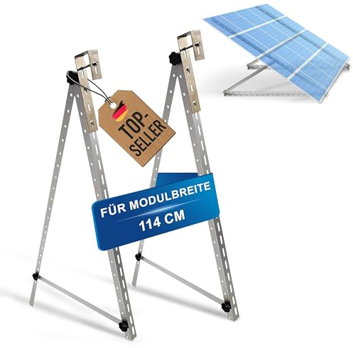 Trango ST-0006S - Solarmodul Alu-Halterung in ALUMINIUM Farbe Balkonkraftwerk - für eckige Balkongeländer - Inkl. 2x Edelstahl-Haken - Universalhalterung bis 114cm Panel Breite - Winkel verstellbar