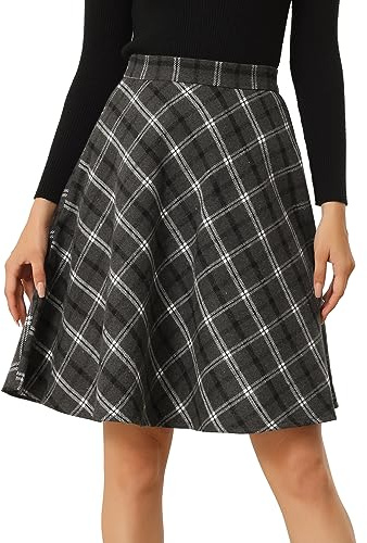 Allegra K Women's Plaids Vintage Tartan Elastic Waist Short A-Line Skirt | Elastic High Waist, A-Lined, Knee Length, Plaid Patterning, Fully Lined, Pleated, Casual Fall Winter