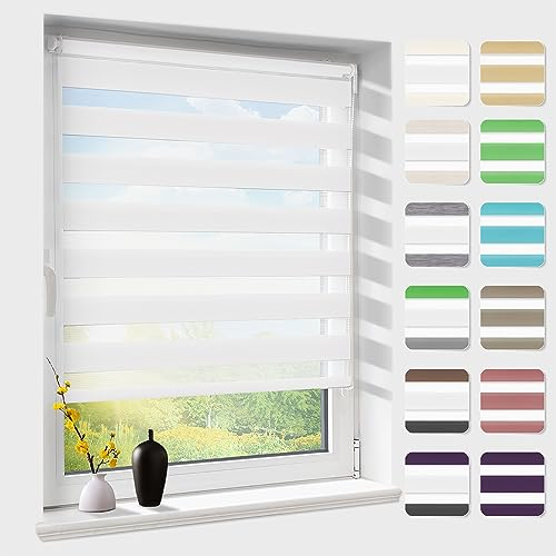 Doppelrollo klemmfix ohne Bohren, Duo Rollos für Fenster & Tür mit Bohren, Version 2025 Weiß B40 x H100cm (Stoffbreite 36cm), Fensterrollo lichtdurchlässig & verdunkelnd, Klemmrollo Sonnenschutz